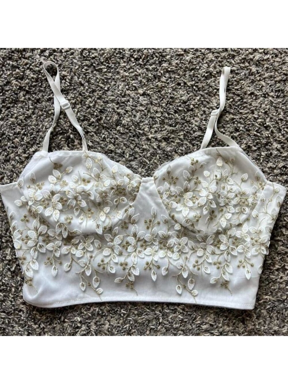 White & Gold Floral Embroidered Babydoll Corset XS/S Crop Top Summer Dainty Chic
